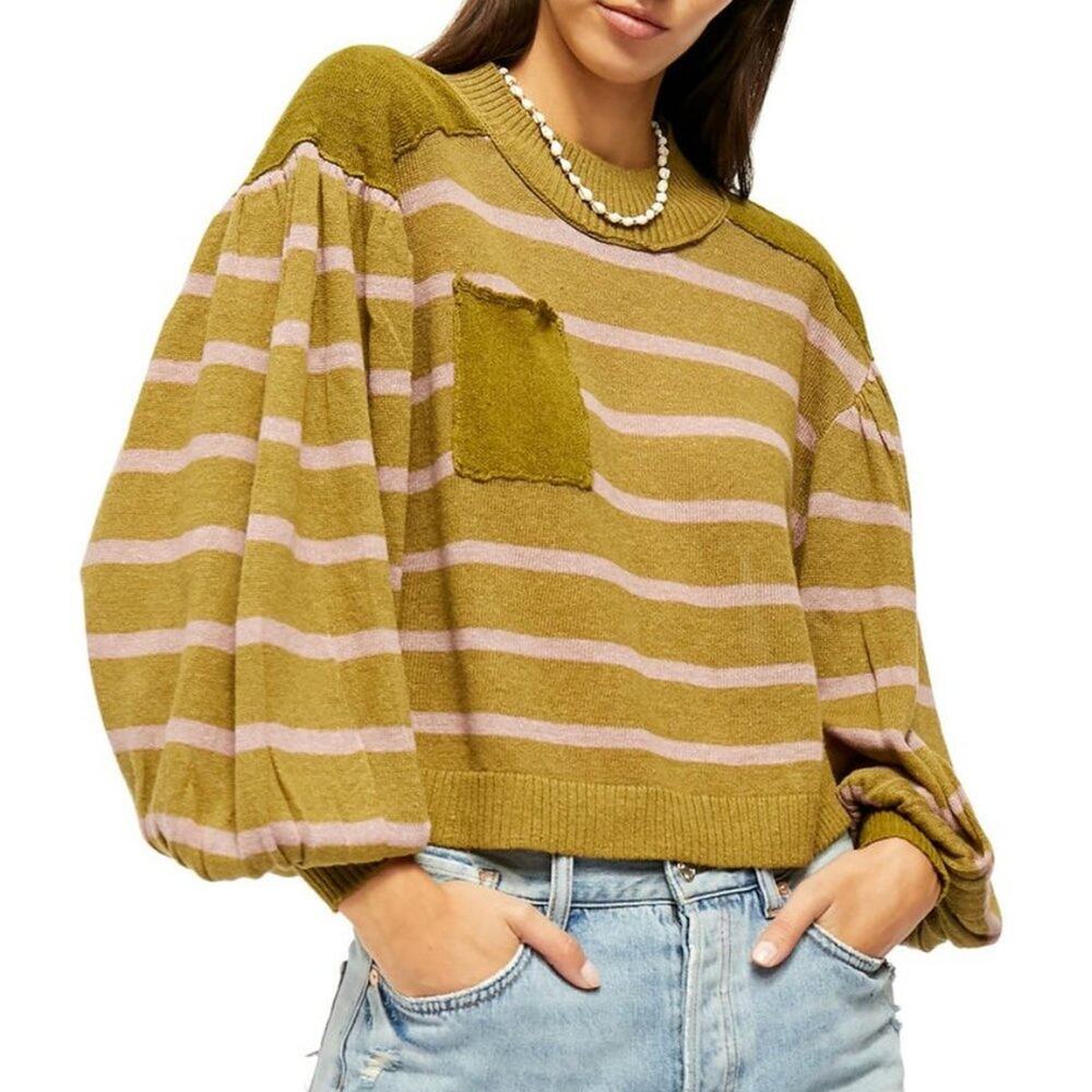 Free People Between The Lines Stripe Sweater Linen Blend Green Pink Size XS NWOT